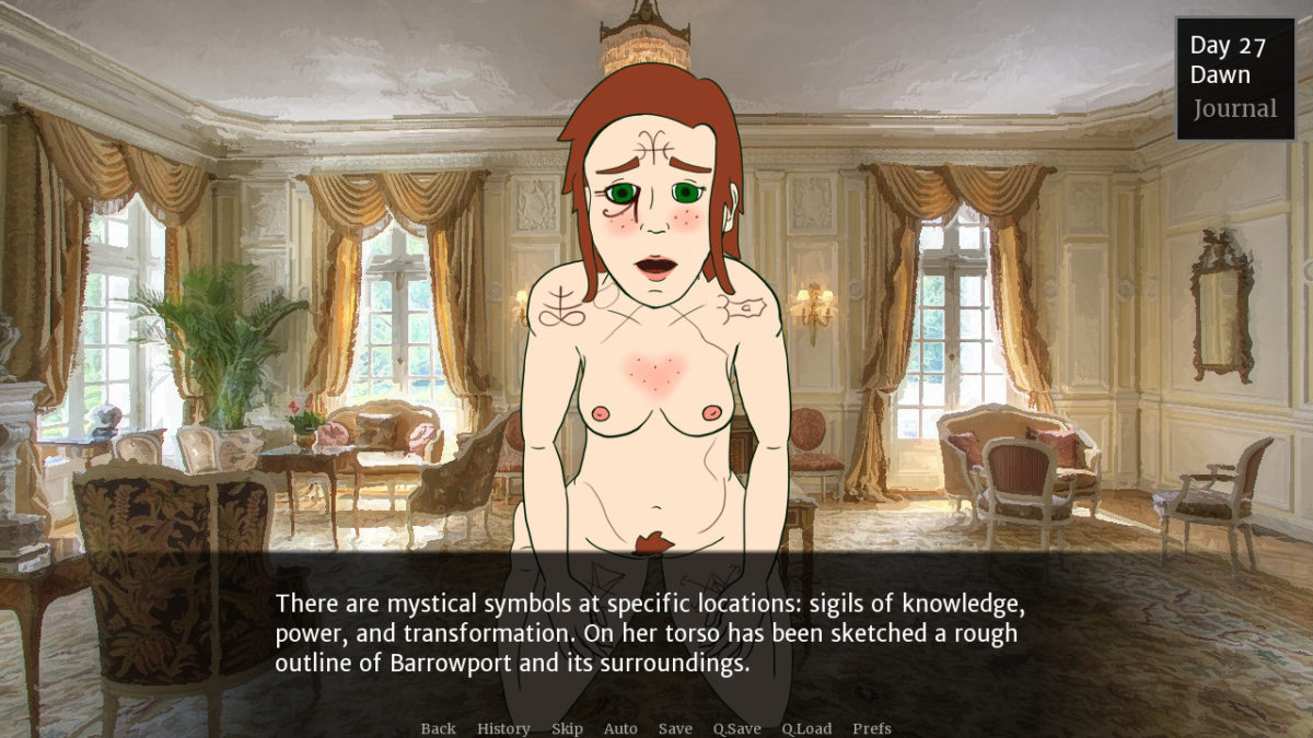 A picture of Theresa covered in markings, with the narration "There are mystical symbols at specific locations: sigils of knowledge, power, and transformation. On her torso has been sketched a rough outline of Barrowport and its surroundings."