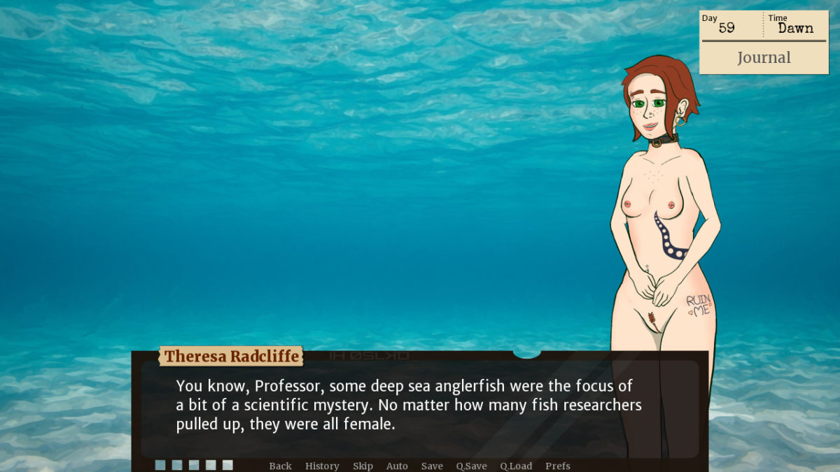 Theresa stands naked in a watery dreamscape and says 'You know, Professor, some deep sea anglerfish were the focus of a bit of a scientific mystery. No matter how many fish researchers pulled up, they were all female.'