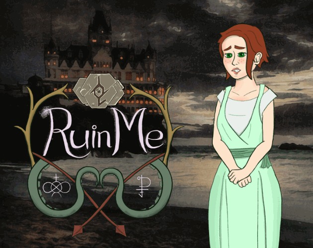 Cover art for Ruin Me, featuring Theresa standing looking aroused in front of a distant manor at night. The title is surrounded by squirming tentacles, antlers, and stingers.