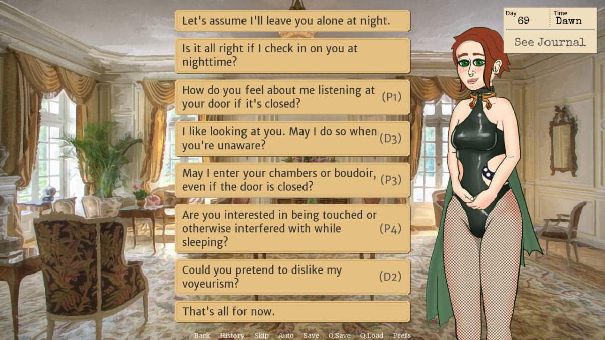 A redheaded woman in a revealing costume involving a black rubber leotard, with a menu of various options related to interacting with her at bedtime.