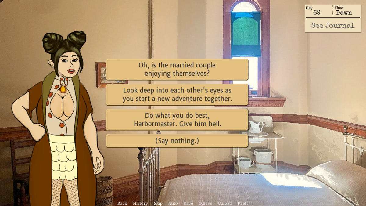 Cathy, a woman with twin buns and a nautical outfit, stands in an odd guest room. The player's choices are 'Oh, is the married couple enjoying themselves?', 'Look deep into each other's eyes as you start a new adventure together.', 'Do what you do best, Harbormaster. Give him hell.', and '(Say nothing.)'