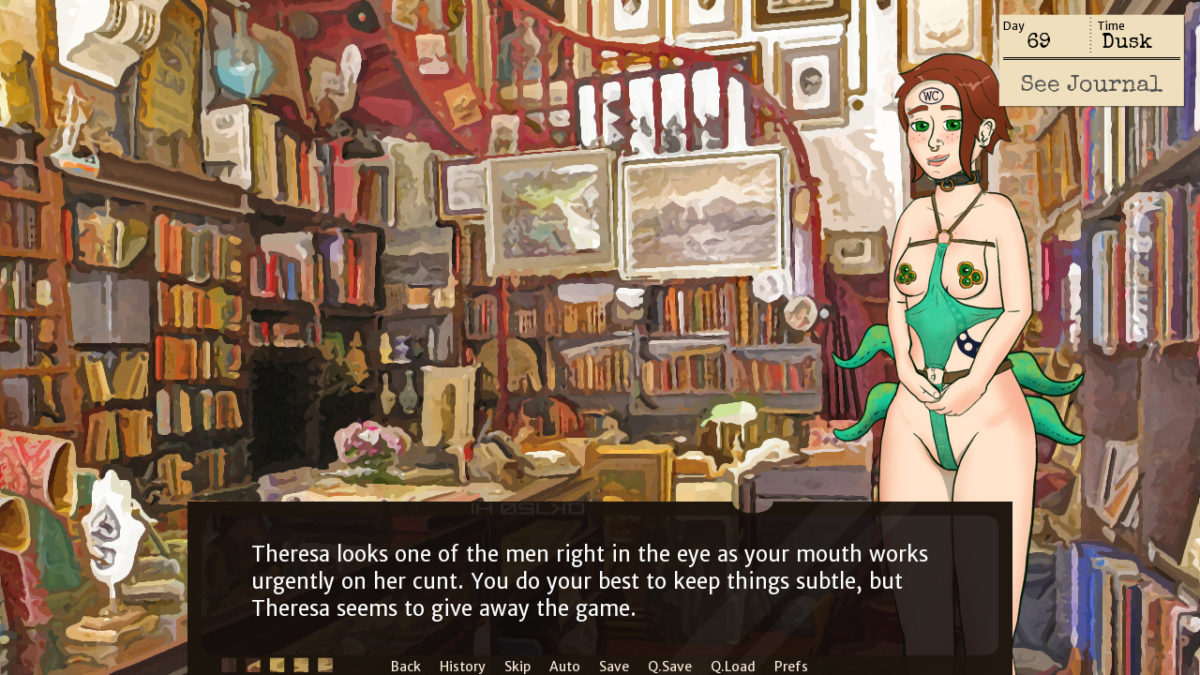 Theresa stands in a skimpy Halloween costume in a bookshop. Narration reads: Theresa looks one of the men right in the eye as your mouth works urgently on her cunt. You do your best to keep things subtle, but Theresa seems to give away the game.