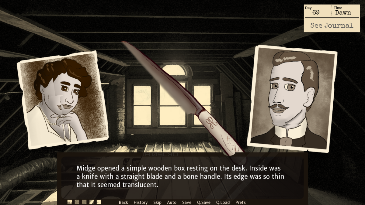 A sepia-toned room with oddly mangled photos of a man and a woman and a knife with a strange blade. Narration reads 'Midge opened a simple wooden box resting on the desk. Inside was a knife with a straight blade and a bone handle. Its edge was so thin that it seemed translucent.'